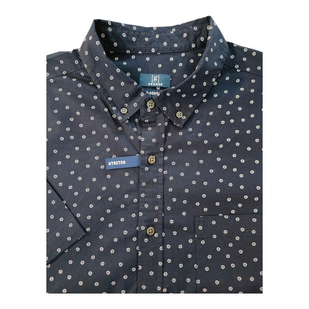 NWT George Short Sleeve Button Down Shirt Mens XL Navy With White Print